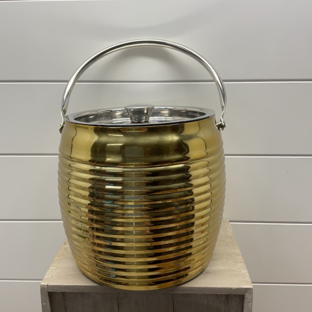 Gold Ribbed Ice Bucket Stainless Steel Insulated Barware with Lid and Handle